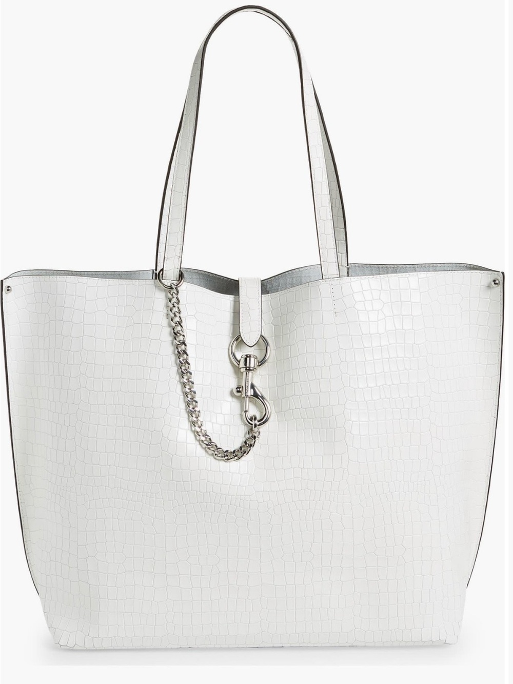 Rebecca Minkoff White Croc-Embossed Tote with Silver Chain Detail